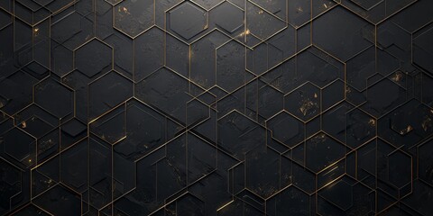 A modern dark gray and gold background with an array of metallic hexagons in various sizes and tones.  - obrazy, fototapety, plakaty