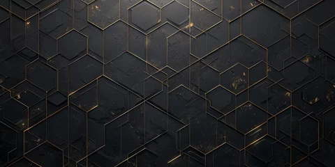 Fotobehang A modern dark gray and gold background with an array of metallic hexagons in various sizes and tones.  © Photo And Art Panda