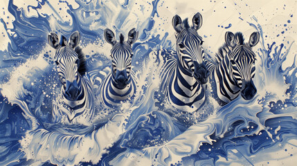 A painting of four zebras in the ocean. The zebras are swimming in the water, and the painting has a blue and white color scheme. The mood of the painting is calm and peaceful - obrazy, fototapety, plakaty