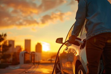 Man Charging Electric Vehicle During Sunset in Urban Landscape, Sustainable Transport. Plugging in the cable while charging an electric car