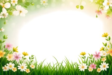 Green spring background with copy space for text, spring flowers background ready for design and text