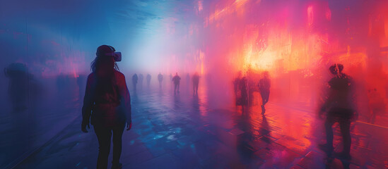 Immersive Virtual Reality Exhibit Showcasing Surreal Landscapes and Abstract Sculptures Captivating Visitors in a Blur of Imagination