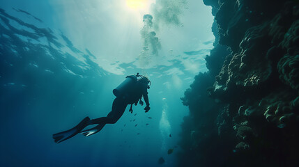 Naklejka na ściany i meble A man is scuba diving in the ocean. The water is clear and the sun is shining brightly