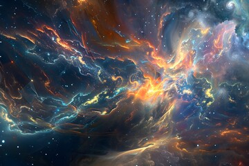 A colorful galaxy with a bright orange cloud in the middle. The stars are scattered throughout the sky, and the colors are vibrant and eye-catching. Scene is one of wonder and awe