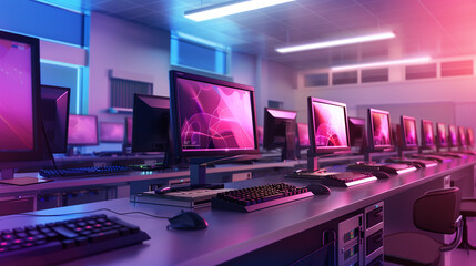 Naklejka premium A row of computer monitors are on a desk. The monitors are all different sizes and colors. The room is brightly lit and the monitors are all turned on