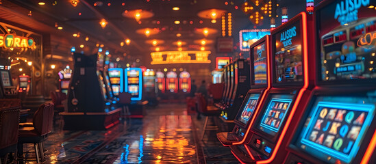 Patrons Gamble with Virtual Currency in Futuristic Neon Lit Casino Obscured by Holographic Masks and Avatars
