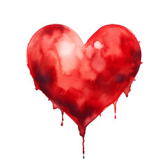 Czerwone, akwarelowe, ociekające farbą serce. Przezroczyste tło. - obrazy, fototapety, plakaty