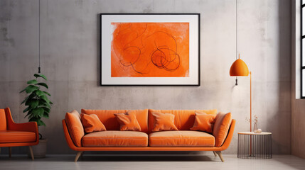 Vivid orange sofa and art poster on stucco wall. Interior design of modern loft living room. Generative AI