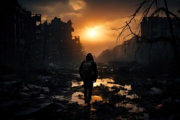 Lone scavenger in an abandoned city searching for supplies among crumbling buildings overtaken by nature Realistic image with backlighting to enhance the atmosphere of desolation and hope for survival - obrazy, fototapety, plakaty