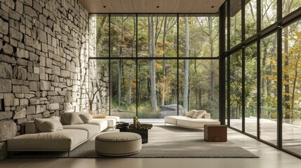 Luxurious modern living room with stone wall and forest view through floor-to-ceiling windows in autumn