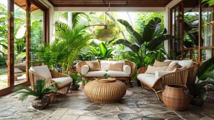 Fototapeta premium Tropical open-air lounge area with rattan furniture and lush greenery in a serene outdoor setting