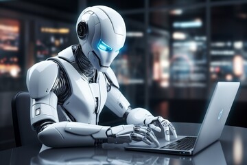 Office robot assistant at work on laptop, soft lighting, high angle, modern clean design , 3D style - obrazy, fototapety, plakaty