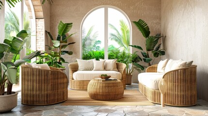 Sun-drenched conservatory with wicker furniture and vibrant tropical plants framing an arched window