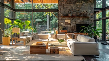 Contemporary forest house interior with eclectic furnishings and a stone fireplace in woodland setting
