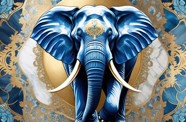 Stunning digital art of a majestic blue elephant with ornate gold detailing
