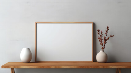 Empty mock up poster frame on wooden console table. Interior design of modern living room with grey stucco wall and clay vase with twig. Generative AI