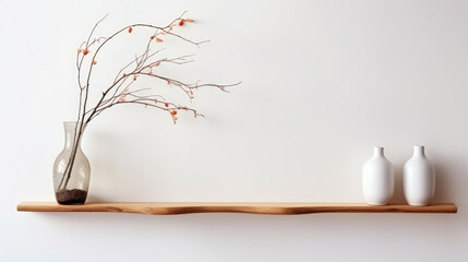 Wood wall floating shelf and vase with twigs near white wall with copy space. Storage organization for home. Interior design of modern living room. Generative AI