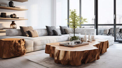 Two wooden live edge stump coffee tables near corner sofa in spacious apartment. Scandinavian minimalist home interior design of modern living room. Generative AI