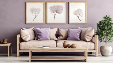 Rustic sofa with violet pillows and accent wooden coffee table against beige wall with poster...