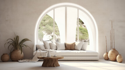 White sofa in boho style room with arched window and stucco walls. Rustic interior design of modern living room. Generative AI