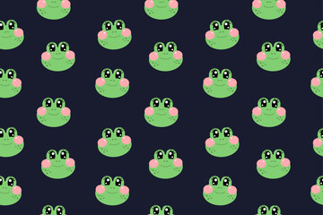 Seamless pattern with cute kawaii green face of frogs for nursery, print or textile for kids on dark blue background