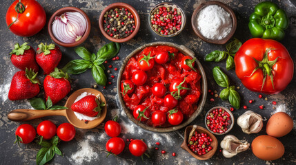 A bowl of red tomatoes and basil sits on a counter with other ingredients. The bowl is filled with tomatoes and basil, and there are other ingredients such as onions, garlic, and eggs nearby