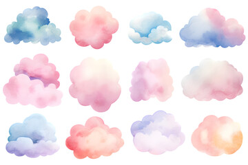 Watercolor pink and blue clouds isolated on transparent background