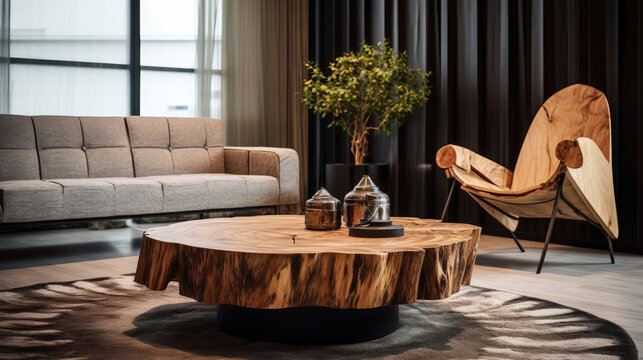 Natural wooden slab round coffee table and chair near it. Interior design of modern living room. Generative AI