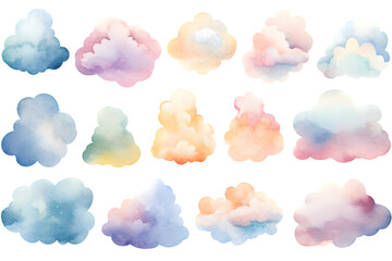 Watercolor pink and blue clouds isolated on transparent background
