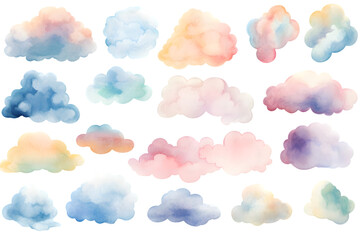 Watercolor pink and blue clouds isolated on transparent background