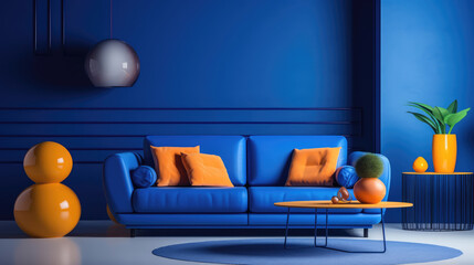 Blue sofa in room with abstract geometric shapes furniture pieces. Postmodern memphis style...