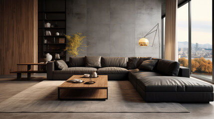 Minimalist studio apartment with black leather sofa. Interior design of modern living room, panorama. Generative AI