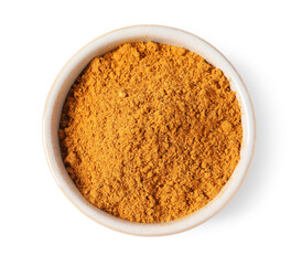 Curry powder in bowl isolated on white, top view