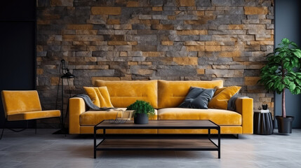 Mustard luxury sofa near chic and unique stone textured paneling wall. Interior design of modern living room. Generative AI
