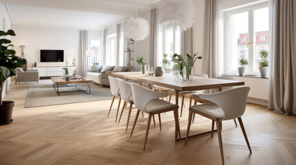 Scandinavian apartment with parquet flooring. Interior design of modern dining room. Generative AI