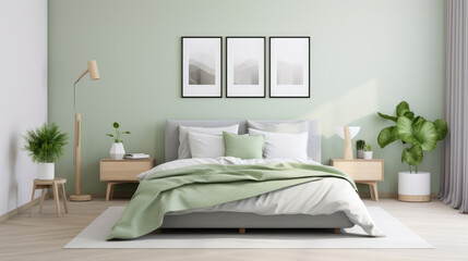 Scandinavian style interior design of modern bedroom. Bed with pastel green bedding end bedside tables. Generative AI