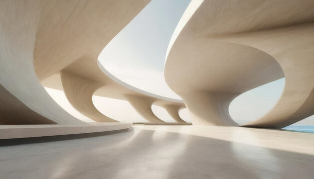 3D render of abstract futuristic architecture with empty concrete floor, product and car presentation background, copy space, Geometric structure design