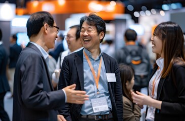 scene of friends in Asian business casual attire enjoying each other's company at an exhibition booth, their laughter echoing the bonds of friendship.