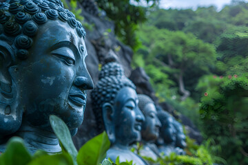A group of statues of Buddha are lined up in a row. The statues are all blue and are placed in a lush green forest. Generative AI