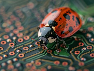 Ladybug on Circuit Board, Macro Nature vs Technology Photo - Vibrant Red Insect Walking on Green Motherboard, Detailed Close-up of Spotted Shell & Legs