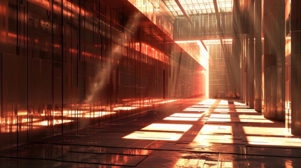 Stunning industrial corridor bathed in crimson hues as sunlight filters in