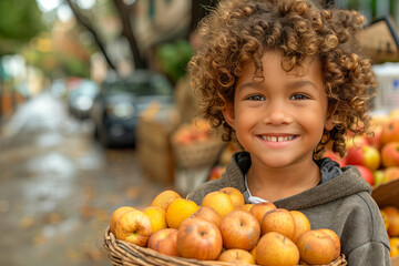 Smiling child with basket of fresh apples