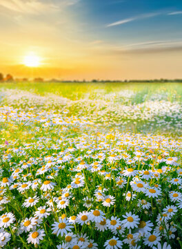 Fototapeta Beautiful, sun-drenched spring summer meadow. Natural colorful landscape with many wild flowers of daisies against bright orange sun in sunset sky.