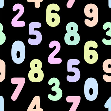 Multicolored numbers from 0 to 9. Square seamless vector pattern. Repeating pattern of colored Arabic numeric symbols. Flat style. Learning to count. Isolated black background. Idea for web design.