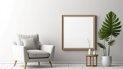 Empty mock up poster frame on white wall. Interior design of modern living room with armchair. Generative AI