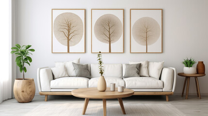 Round wooden coffee table near white sofa against of white wall with three art frames. Scandinavian...