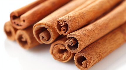 Cinnamon sticks and powder, isolated on white background. Fresh cinnamon sticks and powder. Two brown vegetarian cinnamon sticks lying on white background. Scented spices background: Cinnamon powder. 