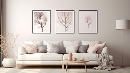 White sofa and posters, frames on wall. Interior design of modern living room. Generative AI