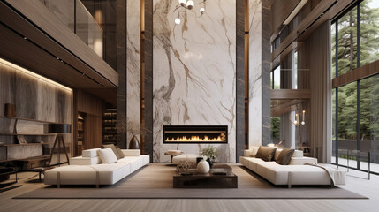 Marble and wooden paneling in room with high ceiling .Interior design of modern home. Generative AI