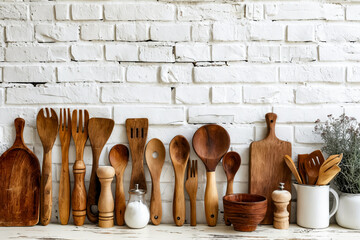 Wooden kitchen utensils on white brick wall. - Powered by Adobe